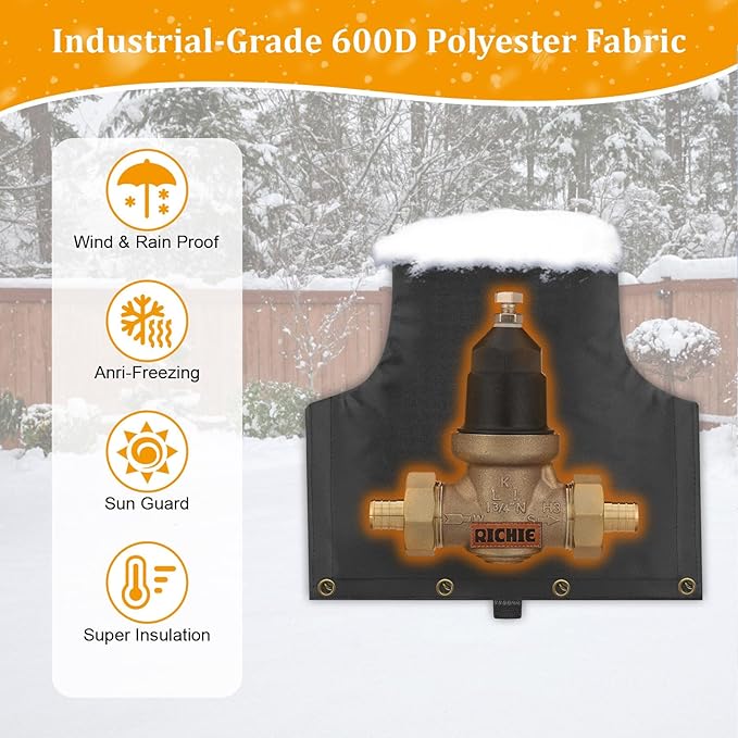 Backflow Preventer Insulated Cover (5°F) for Winter Freeze Protection, 14"W x 13"H Thickened Pressure Reducing Value & Well Pump Cover, Outdoor Waterproof Insulation Pouch for Sprinkler Valve, Black