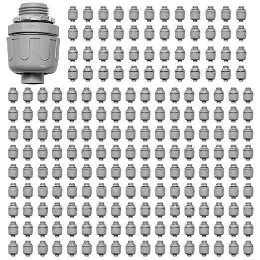 Conduit Connectors, 1/2 Inch Liquid Tight Connector NPT Non-Metallic for PVC Electrical Flexible Conduit Fittings, 180 Degree Straight, UL Listed for Home Outdoor Tubes Tools, Grey (200-Pack)