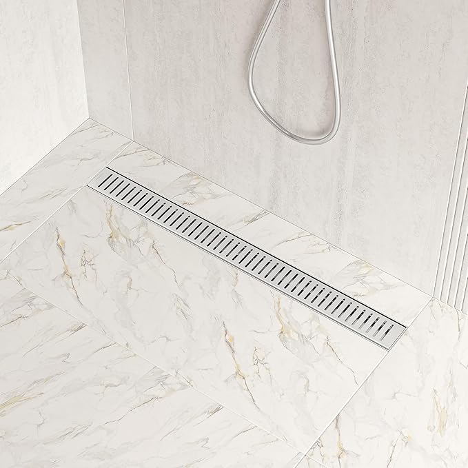 Neodrain 28" Brushed Linear Shower Drain Shower Linear Drain, Removable Capsule Pattern Grate, Bathroom 304 Stainless Steel Rectangle Shower Floor Drains- CUPC Certified