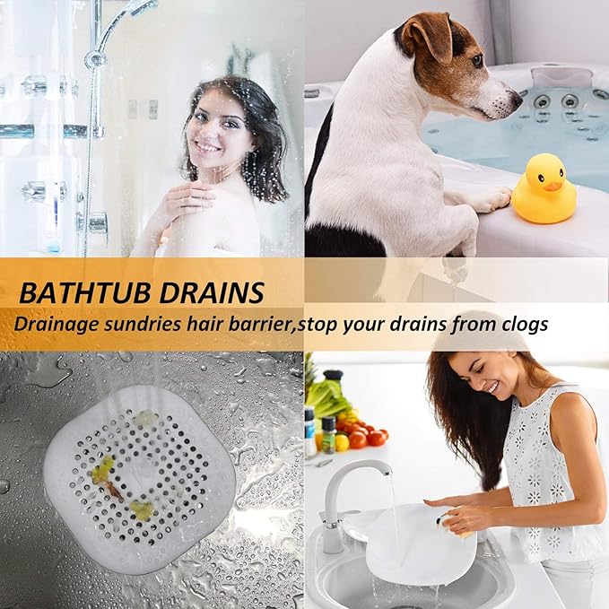 Hair Drain Catcher,Square Drain Cover for Shower Silicone Hair Stopper with Suction Cup,Easy to Install Suit for Bathroom,Bathtub,Kitchen 4 Pack (Grey Aluminium White)