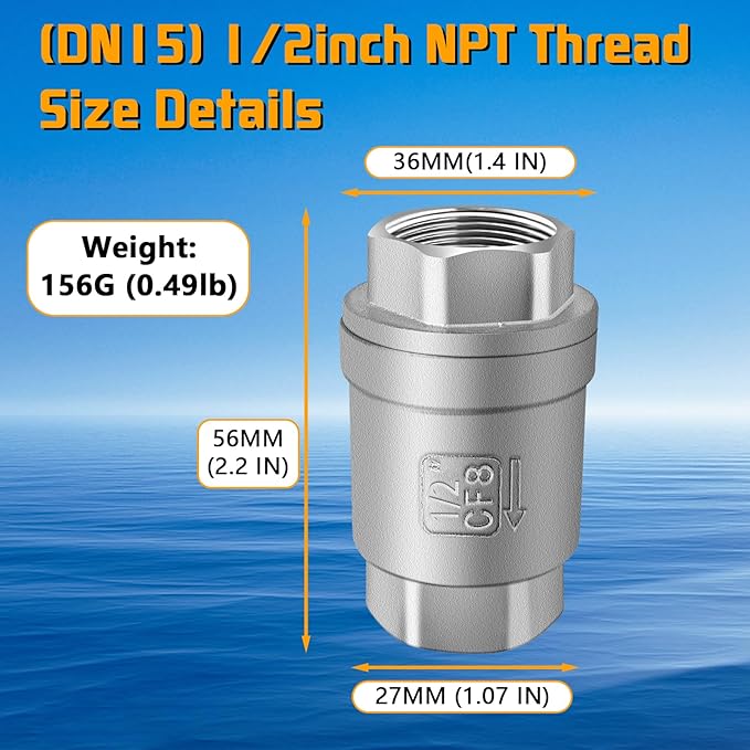 Boltigen 1/2 Inch NPT Thread Stainless Steel Spring Check Valve, Non Return One Way Horizontal Check Valve, Vertical Inline Water Check Valves for Well, Pump, Tank, Backflow Prevention