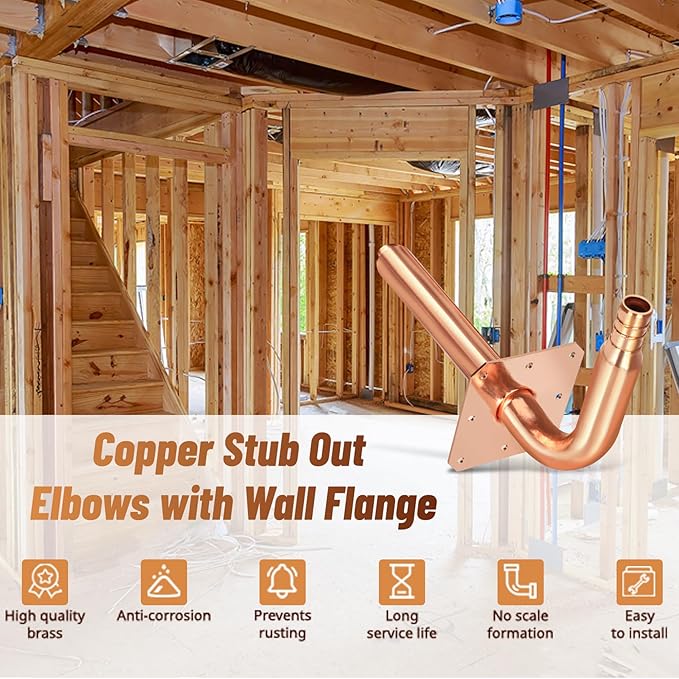 Pack of 10 Copper Stub Out Elbows with Wall Flange Stub Out 1/2’’-6inch Lengh- Easy to Install, Lead-Free-PEX-B,C Stub Out Accessories,Barb Crimp PEX-B Copper Stub Out Elbow with Wall Flange.