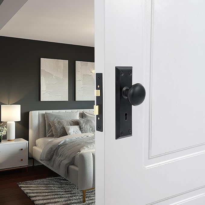 Mortise Lock Set - Interior Door Lock Replacement Kit, Reversible Latch, Skeleton Key, Antique Vintage Style, Matte Black Finish