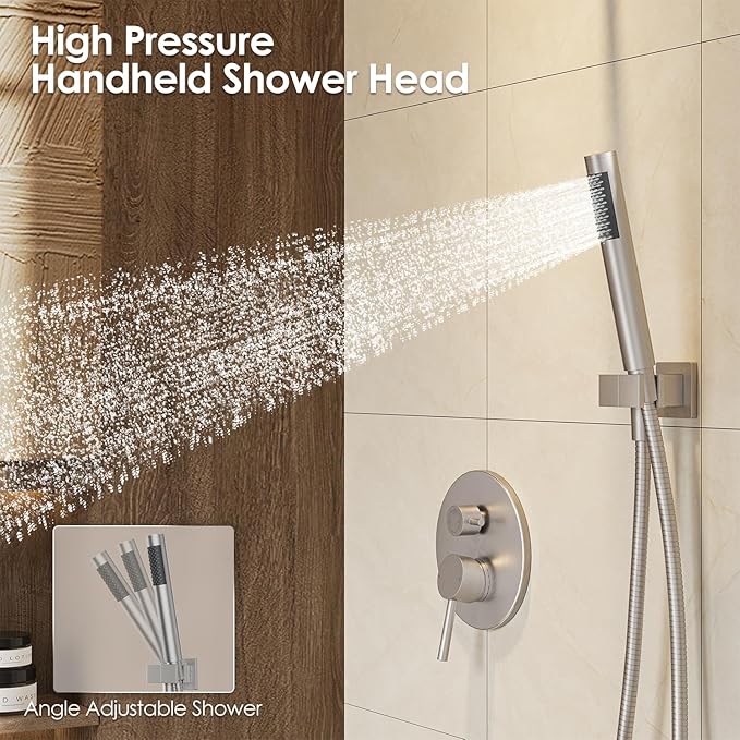 Gabrylly Bathtub Shower Faucet Set, Tub Shower System with 3-Way Shower Valve, High Pressure 10" Rain Shower head with Handheld Spray Combo, Wall Mounted Rainfall Shower Head Set, Brushed Nickel