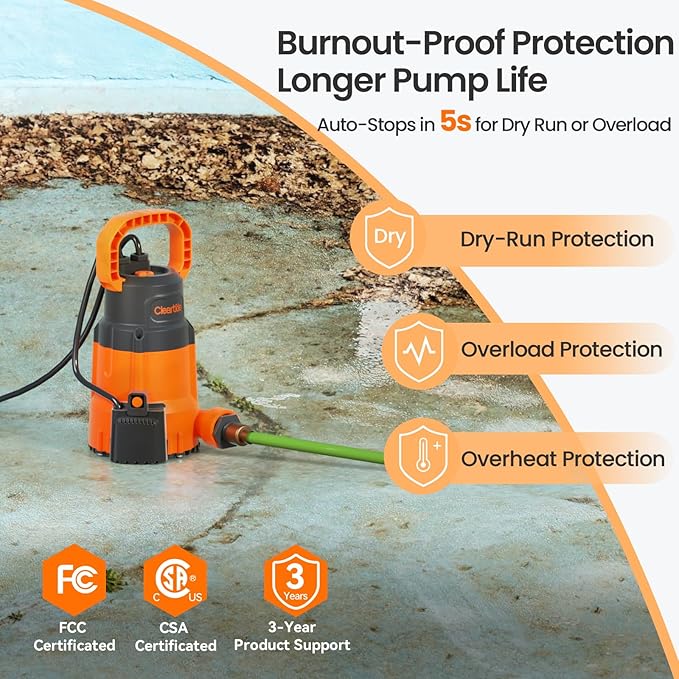 Cleartide Submersible Sump Pump, Smart Water Sensor Auto On/Off, Manual/Auto Mode, 1/4HP 2160GPH Multi-Use Utility Water Pump for Pool/Basement/Garden Drainage