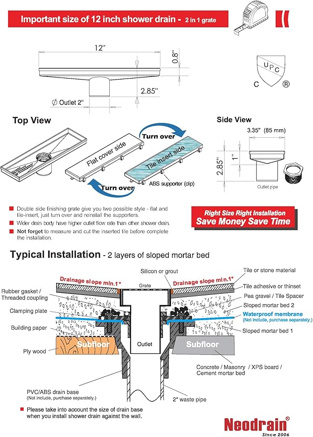 Neodrain 12-Inch Linear Shower Drain with 2-in-1 Flat & Tile Insert Cover, Brushed 304 Stainless Steel Rectangle Shower Floor Drain,Floor Shower Drain with Hair Strainer