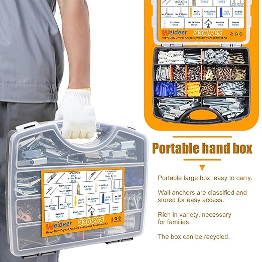 weideer 336PCS 11Sizes Drywall Anchors and Screws Assortment Kit,Toggle Bolts and Wing Nut Kit,Plastic Dry Wall Anchors with Wood Screws Handheld Box (1/4" 3/16" 1/8" #6#7#8 M8 M12 M13)