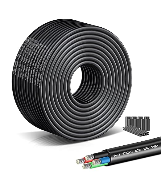 22 AWG 4-Conductor Electrical Cord -82.02FT/25M Premium Tinned Copper Cable with 300V Rating, Flexible PVC Jacket for LED Light Strips Installation, Automotive Accessories,Home Theater Wiring