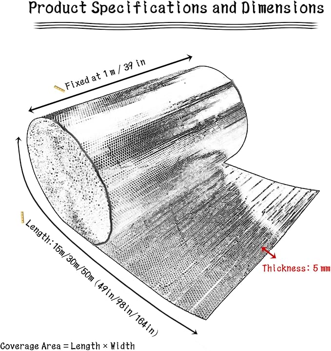 5mm Double-Sided Aluminum Foil Bubble Insulation - Self-Adhesive, Flame Retardant, Thermal Moisture Barrier, Waterproof, for Pipes, Roof, Walls(Size:50㎡,Color:Fixed Width 1m)