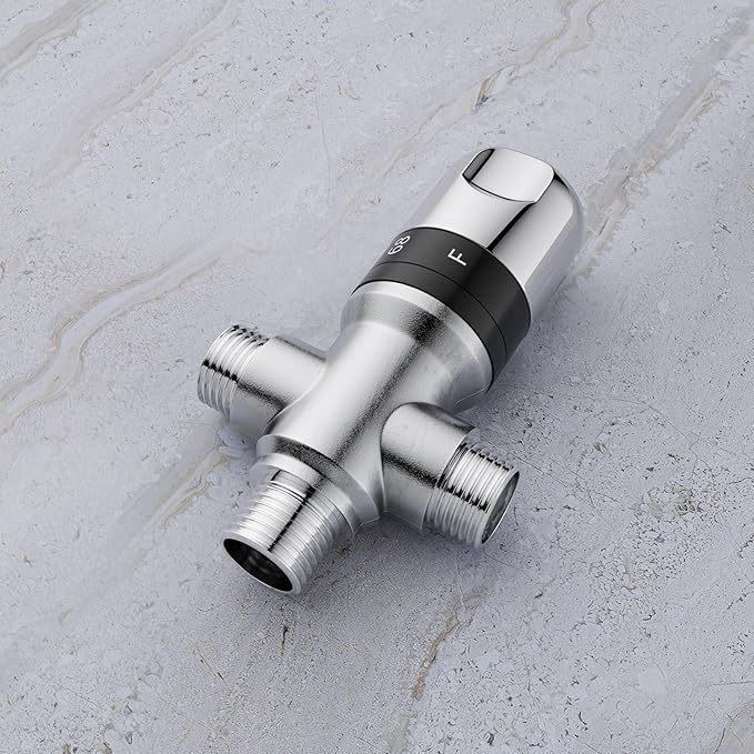 Thermostatic Mixing Valve with 1/2 NPT Male Connection, Water Temperature Constant Control Valve, Fahrenheit Scale Mark, Solid Brass,Grey