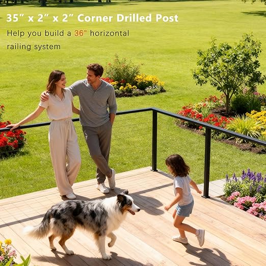 Upgraded Swageless L-drilled Corner Cable Railing Post 36" (Post 35"x2"x2"), Heavy-Duty 90° Drilled One Post Corner Solution with Cable Grommets, T304 Stainless Steel, Outdoor Finish for Decks