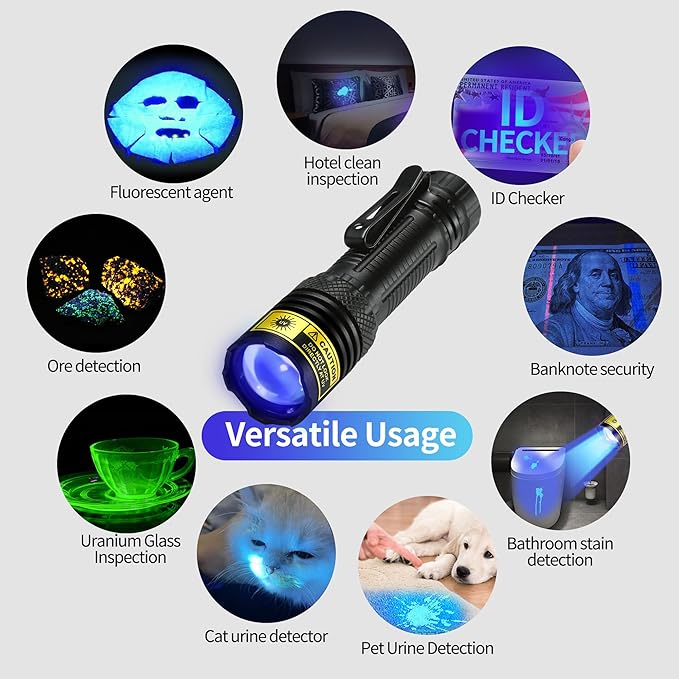 DARKDAWN UV Flashlight 365nm Black Light，Mini & Powerful USB- C Flashlights LED Rechargeable Woods Lamp， Portable Adjustable Focus Blacklight Flashlights for Uranium Glass, Money, Pet Urine Stains ﻿