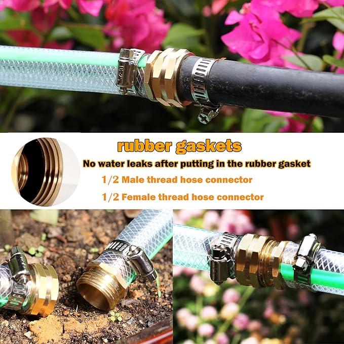 Garden Hose Repair Connector with Clamps Hose End Repair Kit, 1/2"Barb Garden Hose Fittings Male and Female brass garden hose ends (1/2"Barb-4 Set)
