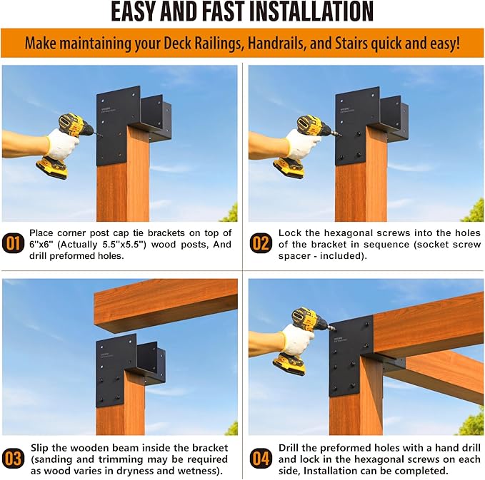 4 Pack Heavy Duty 6x6 (Actual 5.5"x5.5") Stainless Steel Corner Post Caps Tie Bracket , Fit Connecting Wood Gazebo, Deck Patio Post and Wood Beams Bracket (Dark Ggray)