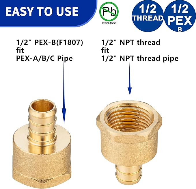(10 Pack) Lidertik PEX Fittings 1/2 inch Female Adapter, 1/2" PEX-B x 1/2" NPT Female Threaded Adapter Brass LI-APXFA1212a(10 Pieces)