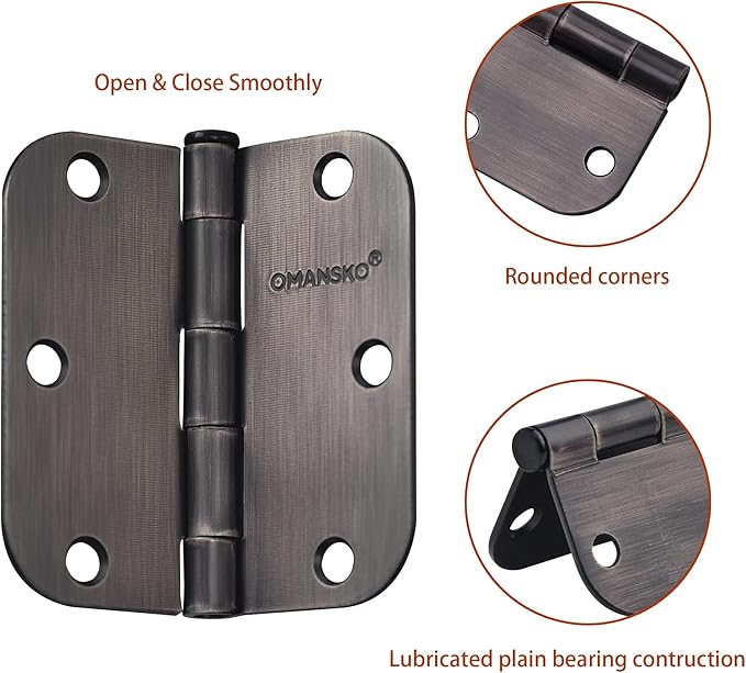 24 Pack Door Hinges, 3.5 x 3.5 Inch Oil Rubbed Bronze Hinges for Wood 5/8'' Radius Corners Interior Hinges, 3 1/2 Inch Door Hinges for Residential Doors