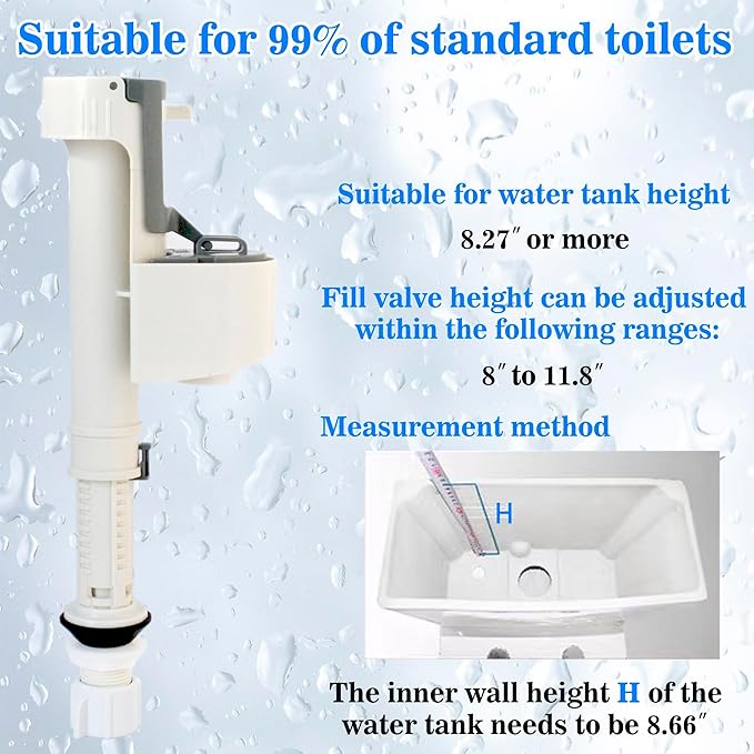 Toilet Fill Valve Replacement Kit, Universal Height Adjustable Toilet Repair Kit Inside Tank Anti Siphon Water Valve With G3/4 Connection, Equipped With G1/2 Adapter for Fast Install