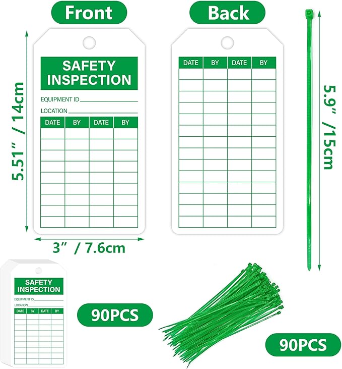 90Sets Safety Inspection Tags with Adjustable Wire Ties Accident Prevention Label for Inventory Scaffolds Ladders Fire Extinguisher Machinery 5.51 X 3inch