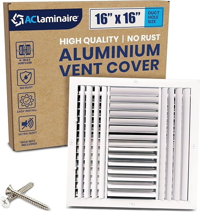 16x16 Inch (Duct Opening) Aluminum 4-Way Air Flow Vent – HVAC Vent Cover for Wall or Ceiling – Quiet HVAC Wall Register with Multi-Shutter Damper – Adjustable Curved Blade - Plastic Seal for Tight Fit