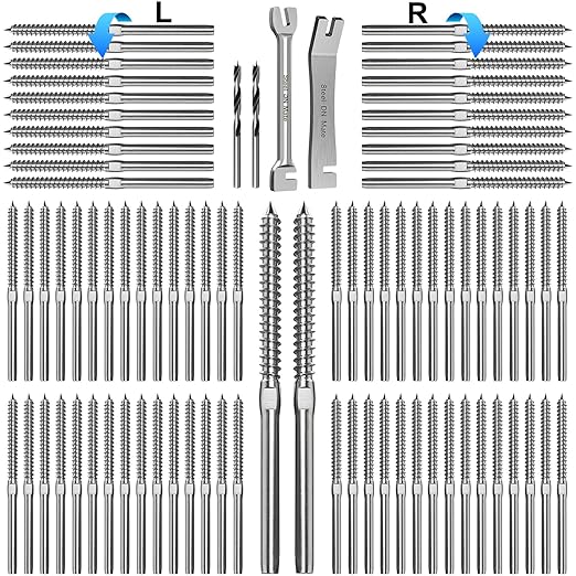 Steel DN Mate 100 Pack T316 Stainless Steel Right&Left Handed Thread Swage Lag Screws for Wood Post of 1/8" Steel Cable Railing Kit, Cable Railing Hardware, DIY Deck Railings, Wrench Include-DM50