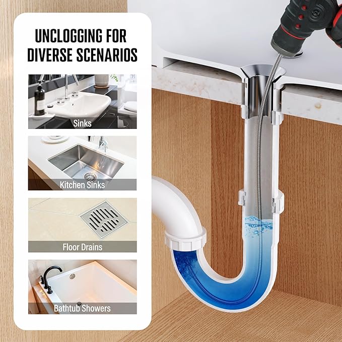 POPULO 120V Auto Feed Drain Auger,23 FT Drain Snake Suitable For 3/4"-2" Pipes For Unclogging Sinks,Shower Floor Drain and Outdoor Drain Pipe.Plumbers Snake Cleaner Include Glove,Cloth Bag