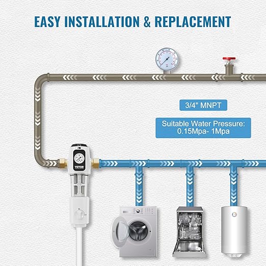 VEVOR Sediment Filter, 20 GPM Spin Down Sediment Filter with Pressure Gauge, 4Th Gen Backwash Pre-Filtration System, 360° Bi-Side Scraper Flush, Reusable Whole House Sediment Water Filter, 3/4" MNPT