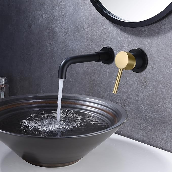 SUMERAIN Wall Mount Bathroom Faucet Black and Gold Wall Mount Faucet for Bathroom Sink, with Two Handles and Rough in Valve