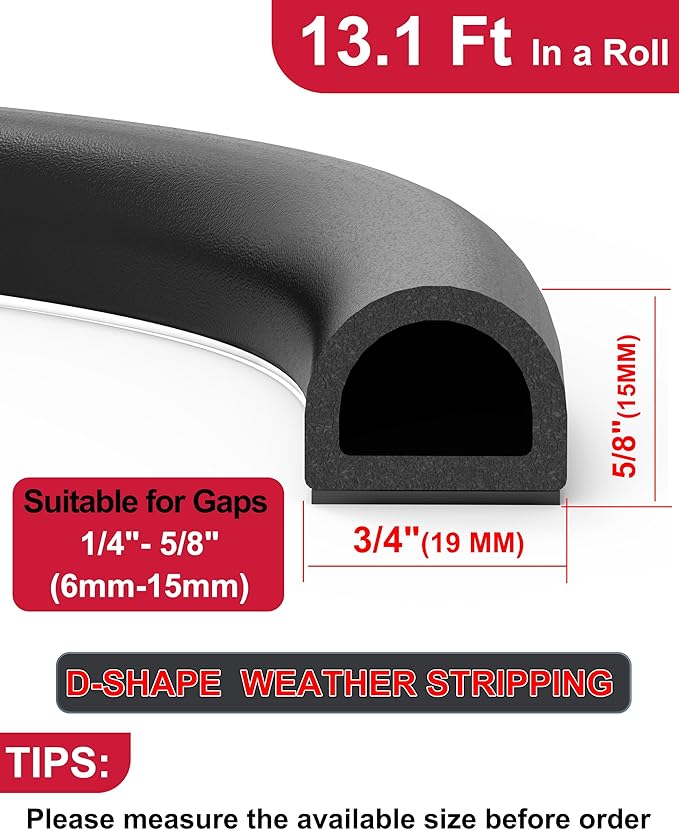 Rubber Weather Stripping Self Adhesive Door Weather Strip D Shape EPDM Rubber Seal Strip for Door and Window, RV, Boat, Car, Truck, Marine, 13 FT, (3/4" W × 5/8" T)