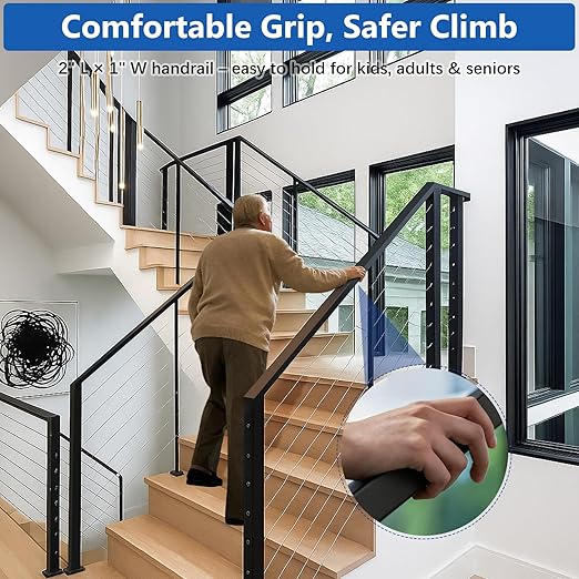 2Pack 8FT Stainless Steel Black Handrail for Cable Railing Post Kit, 2" W X 1" H Cuttable Rectangular Top Rail with End Cap Screw for Staircase Remodel Hallway Handrail Deck Railing Balcony