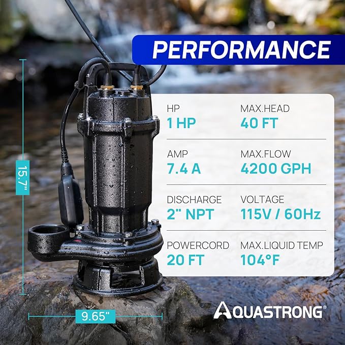 Aquastrong 1 HP Sewage Grinder Pump, 115V 4200 GPH Sewage Pump 2 inch Discharge, Cast Iron Sump Pump Submersible with Auto Float Switch for Basement Sump Basin and Sewage Well
