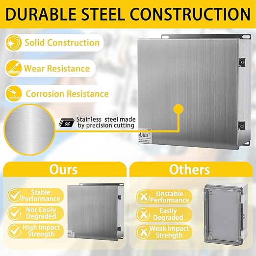 MJ-Box Steel Electrical Enclosure Box 12 x 12 x 6 304 Stainless Steel Explosion Proof Electrical Box IP66 Waterproof & Dustproof Outdoor/Indoor NEMA 4X Stainless Steel Enclosure