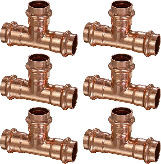 Copper Press Fittings Tee 3/4" Copper Press Tee Fitting, Zero Lead 3/4" x 3/4" x 3/4" Coppers Press Fit Equal Tees for Coppers Tube Connection,OD 7/8”,Use with Hydraulic Press Fitting Tool,6PCS