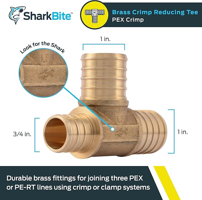 SharkBite 1 x 3/4 x 1 Inch Crimp Reducing Tee, Brass Plumbing Fitting, PEX Pipe, PE-RT, UC418LFA