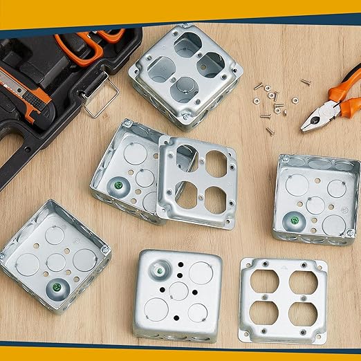 4 Set 4 × 4" Electrical Junction Box with Cover Electrical Metal Outlet Box, 21.0 Cu. in. Capacity Receptacle Exposed Work Cover, 1-1/2'' Deep(Double Duplex)