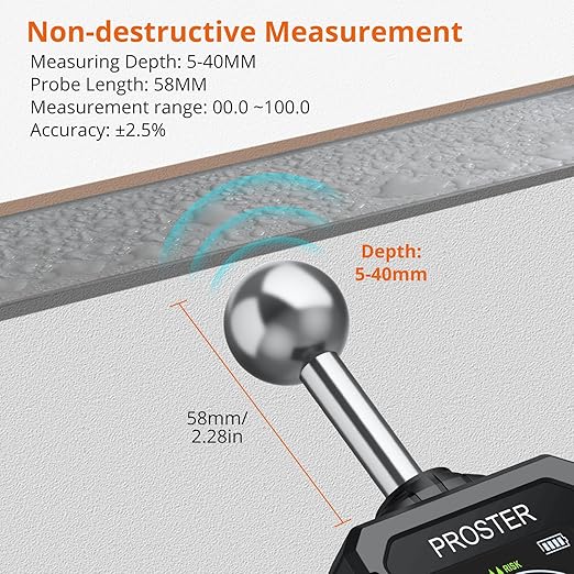 Proster Rechargeable Moisture Meter - Pinless Damp Meter for Walls with 2.4 inch Colour LCD Screen Sound Light Alarm Damp Detector Detects 5-40 mm Depth for Wood Building Cardboard Concrete