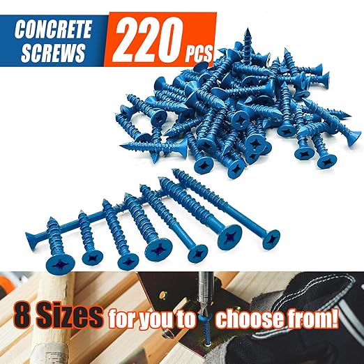 220Pcs Concrete Screws with Drill Bit and Driver bit, 3/16" 1/4" Flat Head Concrete Cement Screws Assortment Kit for Anchoring to Masonry, Block or Brick Stucco, Length 1-1/4" to 3-1/4"