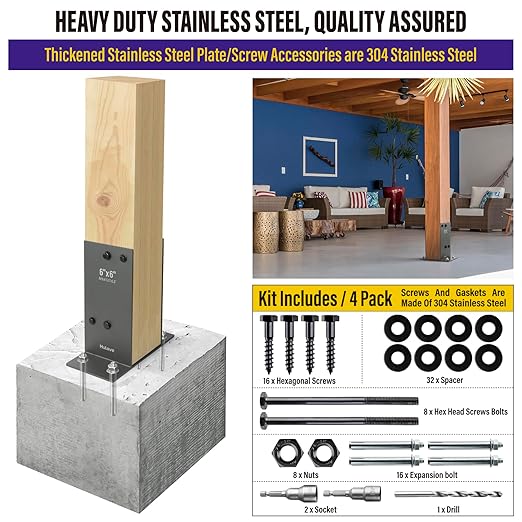 Hulave 4Pack Stainless Steel 6 x 6 (Actual: 5.5" x 5.5") Post Base, Suitable for Terrace Railing, Fence, Gazebo, Porch, etc Concrete Support Anchor Base Post Anchor Bracket (Dark Gray)