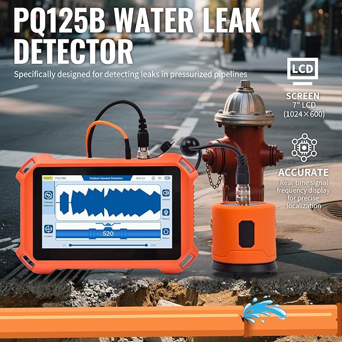 PQWT Underground Water Leak Detectors PQ125B Outdoor Wall Pipe Water Leakage Detection with Touchscreen Earphone and Carrying Case Sensor Acoustic Pipeline Sound Intensifier