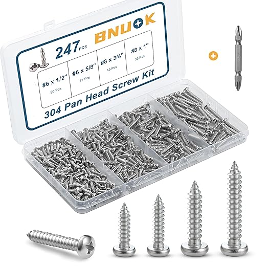 247Pcs Pan Head Wood Screws Assortment Kit, #6#8 Stainless Steel 304 Self Tapping Screws Set, Phillips Drive, Sheet Metal Screws