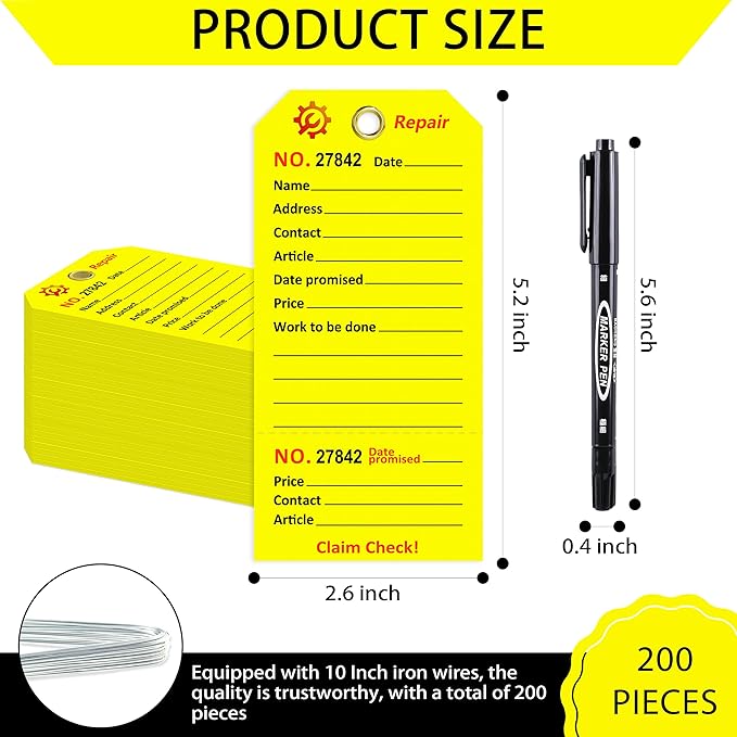 200 Pcs Repair Tags with Hole and Wire Maintenance Service Tags 2.6 x 5.25 Inch Numbered for Machinery & Office Service Tickets Equipment Maintenance Price Notice with Stub Yellow (200)