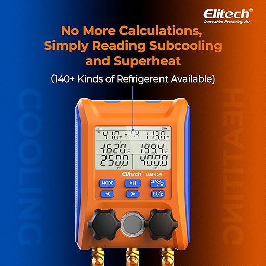 Elitech Wireless Digital Manifold Gauge Set Data Logging Refrigerant HVAC Gauges with Hoses, Temperature Clamps, LMG-10W