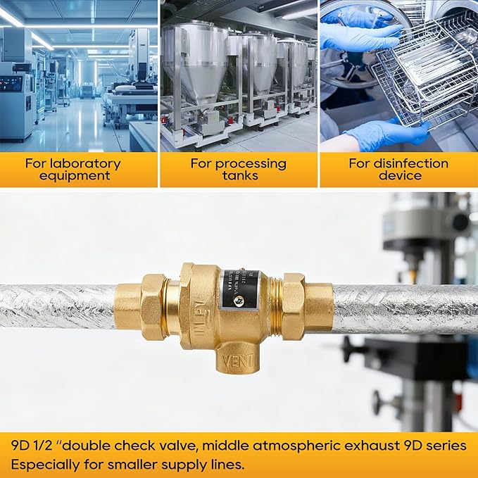 1/2 Inch 9D-M3 Backflow Preventer, Brass Dual Check Valve with Intermediate Atmospheric Vent, 190T012 Replacement for Watts, Female NPT for Boiler Feed Line, Lab, Sterilizer