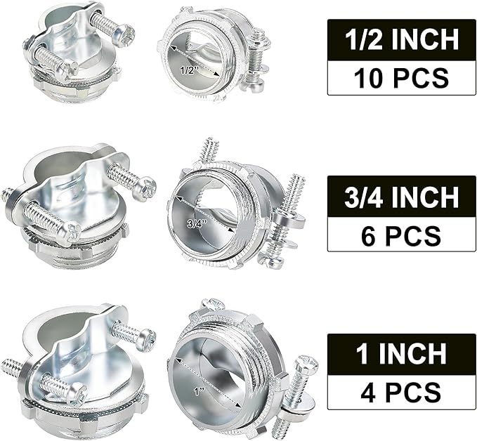 Hromee Cable Connectors, 20PCS 1/2" 3/4" 1” Clamp Type Cable Connectors Assortment for Metallic Conduit Protect Cables