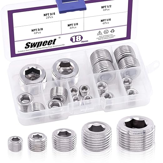 Swpeet 18Pcs 5 Sizes NPT Stainless Steel Pipe Fitting Assortment Kit, 1/8" 1/4" 3/8" 1/2" 3/4" NPT Plug Stainless Steel Internal Hex Thread Socket Pipe Plug Set for Use in Wet Environments