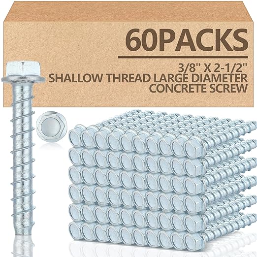 Tandefio 60 Pack 3/8" x 2"-1/2" Concrete Screw Anchor Galvanized Large Diameter Heavy Duty Plated Concrete Anchors for Masonry Brick Anchoring Block Decking Framing Hex Drive