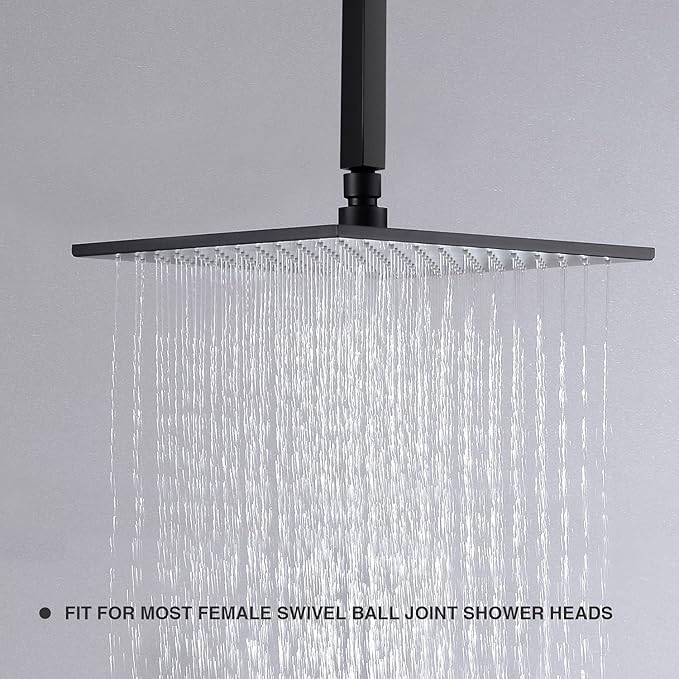 Black Shower Arm with Flange Square Ceiling Mounted Extension Pipe for Rainfall Shower Head, 6 Inches
