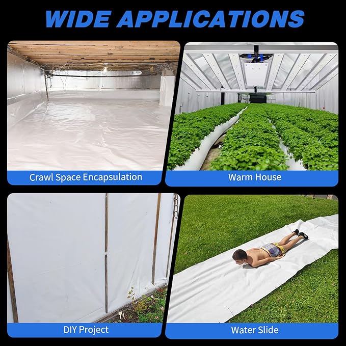 White Crawl Space Vapor Barrier, 10 Mil Vapor Barrier, 10' x 25', White Thick Plastic Sheeting, Heavy Duty Polyethylene Film, White Plastic Drop Cloth Covering for Crawlspace, Basement