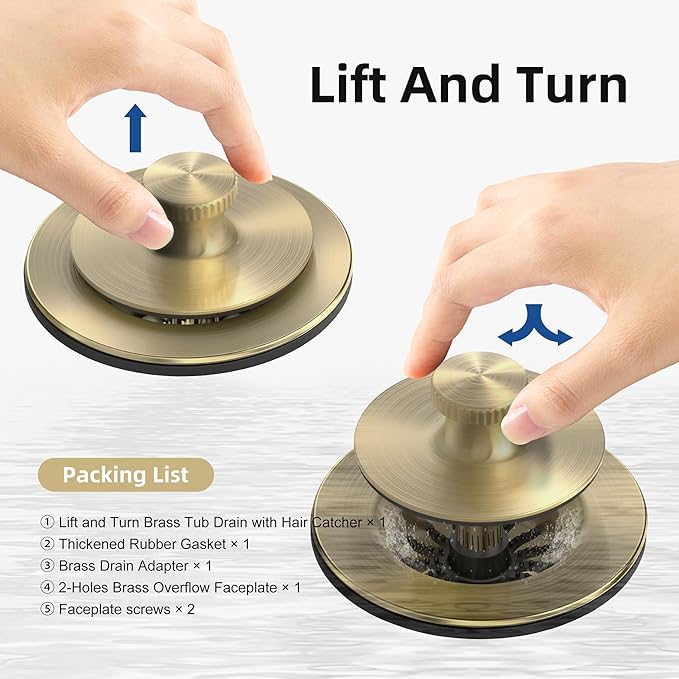 Brushed Gold Bathtub Drain, Hair Catcher and 2-Hole Overflow Faceplate, 11.5/16 UNC, Lift and Turn Bathtub Drain Replacement, Tub Drain Stopper