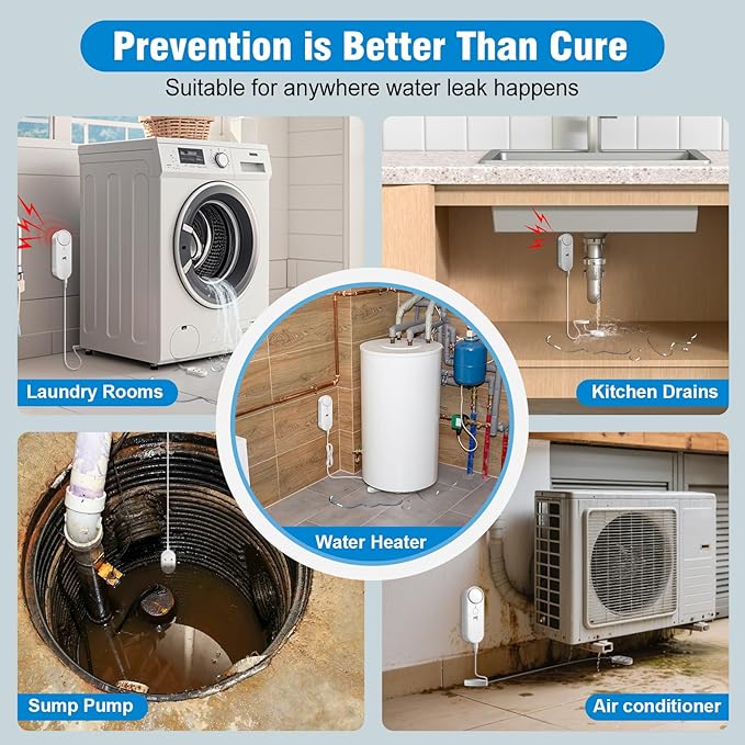 Daytech Water Sensor Alarm Leak Detector – 100dB Loud Alert, 6.5ft Detection Cable, 4 Volume Levels, Water Detector Sensor for Basement, Bathroom, Laundry, Kitchen, Sump Pump & Home