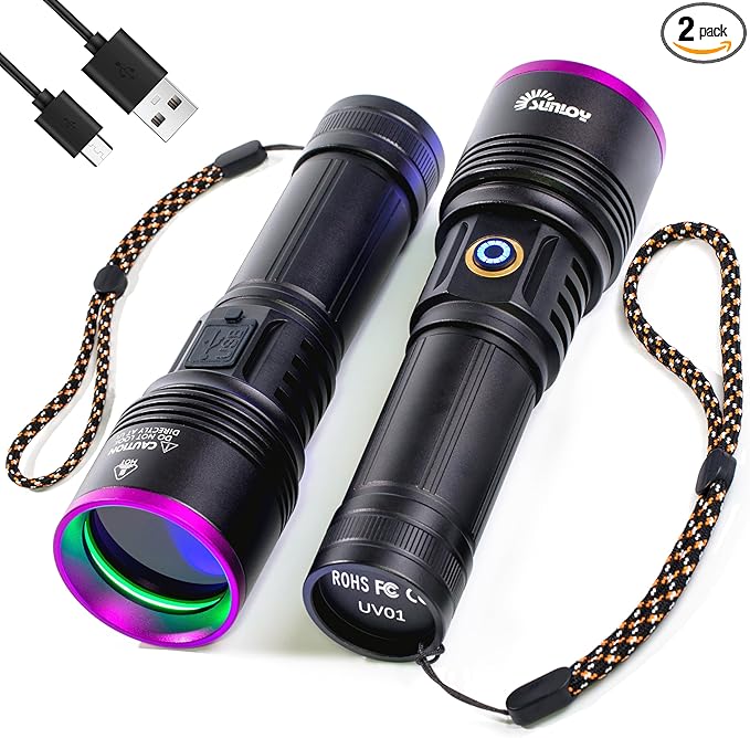 UV01 365nm UV Flashlight Black Light, 2 Pack Rechargeable Blacklight Flashlights, Powerful Handheld UV Light for Pet Urine Detection, Rock Hunting, Blood Tracking, Resin Curing, A/C Leak
